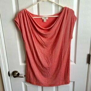 LOFT‎ Coral & White Striped Cowl Neck Short Sleeve Tee Shirt Top